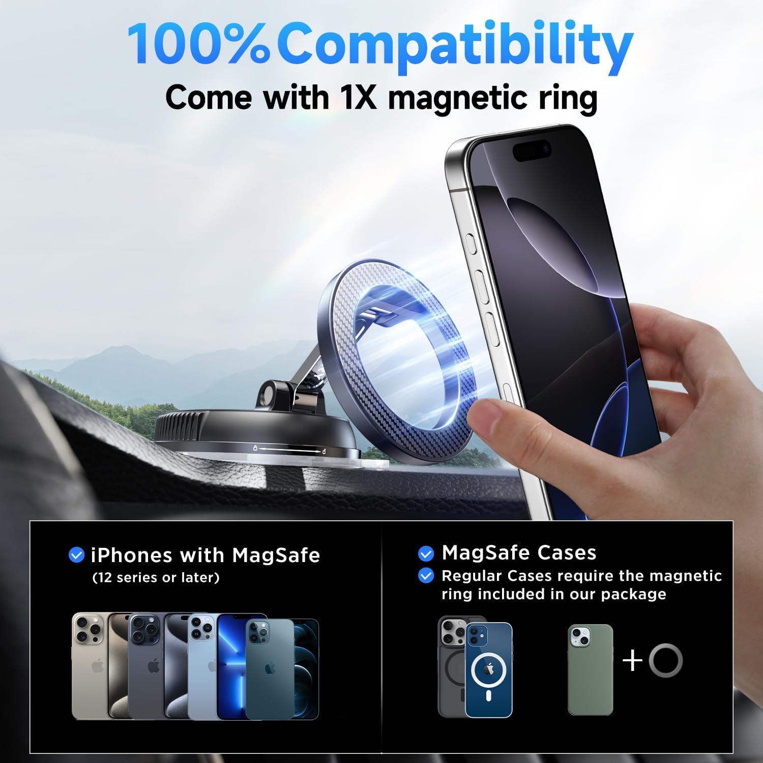 Car Phone Holder for Magsafe [78+LBS Strongest Suction & 2400gf Strongest Magnetic] 360° Adjustable Car Phone Mount, Cell Phone Holders for Your Car for All Smartphones & All Car Models (Carbon Fiber)