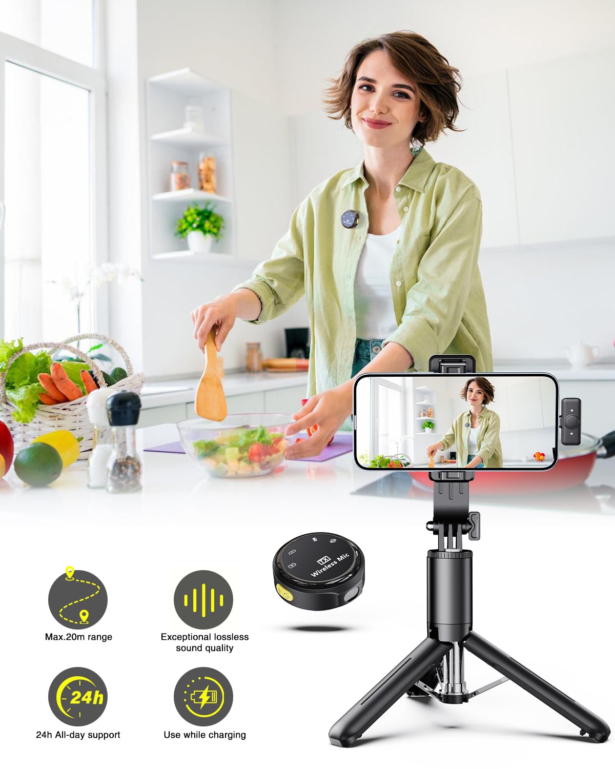 Kingone Wireless Mic for Youtubers, Realtime Monitoring, Noise Cancellation, Duration Magnetic Clip Mini Wireless Microphone with Charging Case 30H, Compatible with Type-C and Lightning Adapter