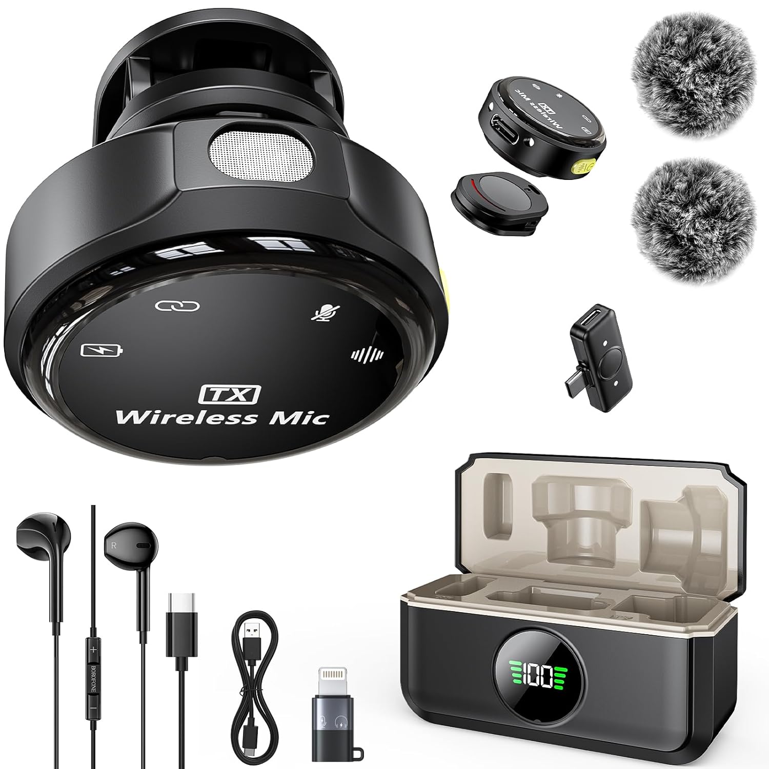 Kingone Wireless Mic for Youtubers, Realtime Monitoring, Noise Cancellation, Duration Magnetic Clip Mini Wireless Microphone with Charging Case 30H, Compatible with Type-C and Lightning Adapter