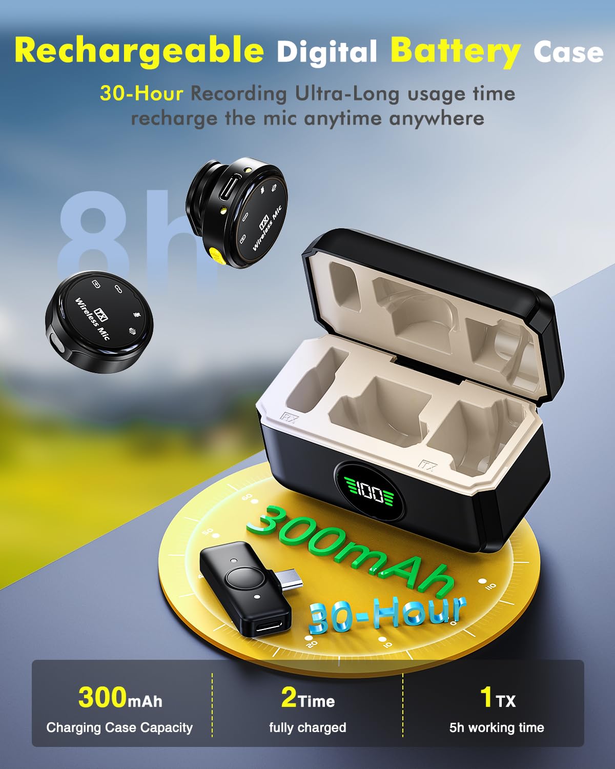 Kingone Wireless Mic for Youtubers, Realtime Monitoring, Noise Cancellation, Duration Magnetic Clip Mini Wireless Microphone with Charging Case 30H, Compatible with Type-C and Lightning Adapter