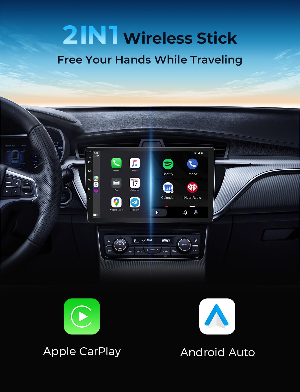 Kingone STOREFRONT Wireless Carplay & Android Auto Adapter, 2 in 1 Carplay Cable Convert Wired to Wireless for Cars, Extension Cable USB-C/Type-C Mini, Quick Connect, No Delay - Black